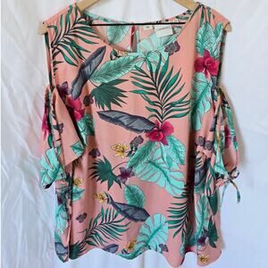 Juna Rose Top Size 16 Short Sleeve Cold Shoulder Pink Tropical Floral Print